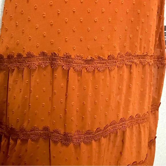 Lulu’s Dreaming of You Rust Swiss Dot Tiered Midi Dress - Picture 7 of 8